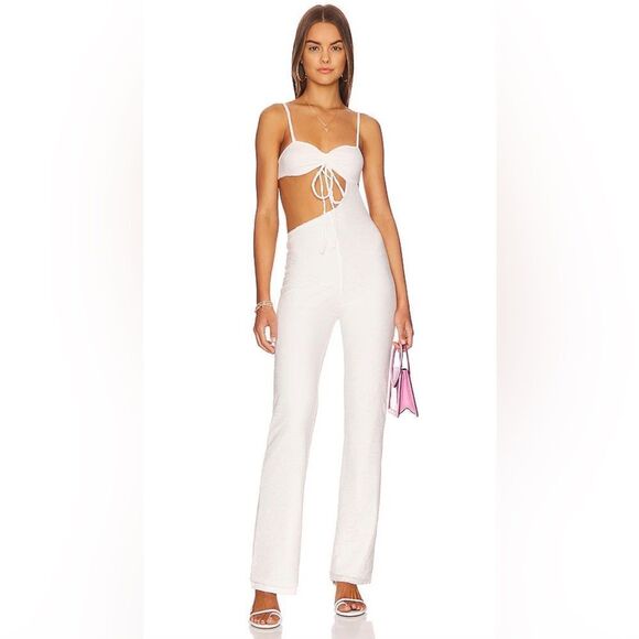 Camila Coelho Aurora Cutout Jumpsuit in White Textured Stretch Burnout REVOLVE - Picture 3 of 12